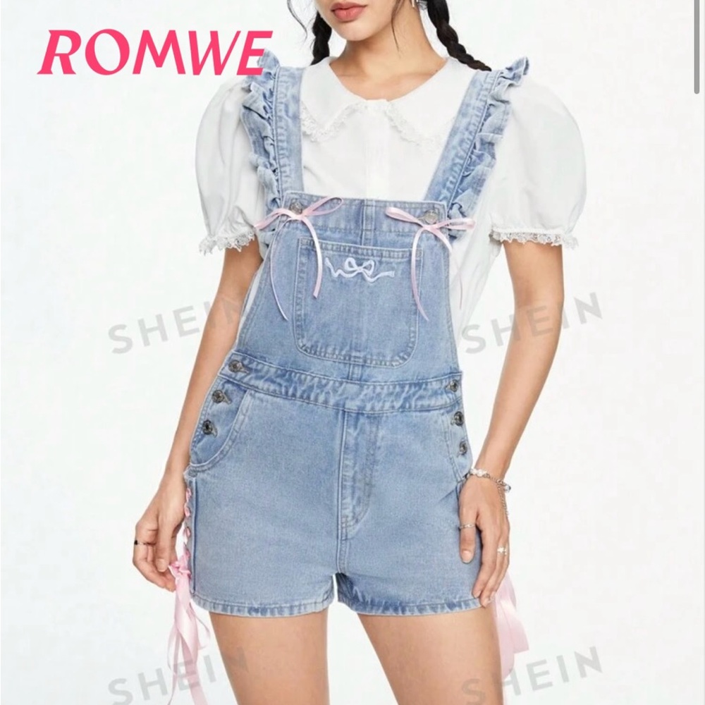 Jean overall with ruffle and bow details